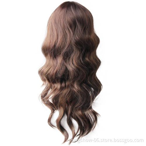 cheapest long black body wave premium synthetic hair wig with bangs